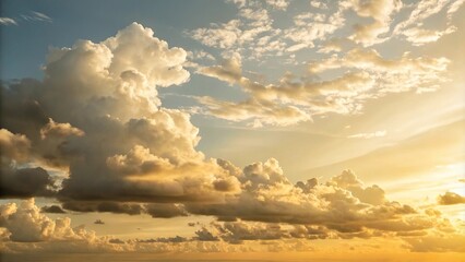 Fototapeta premium White and cream-colored clouds against a pale yellow sunset background with warm golden light, cloudyafternoon, whitecreamclouds, serene landscape,