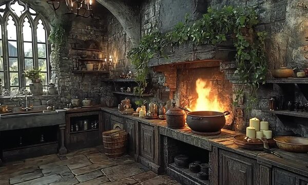 Cozy medieval kitchen with a fireplace and rustic decor.