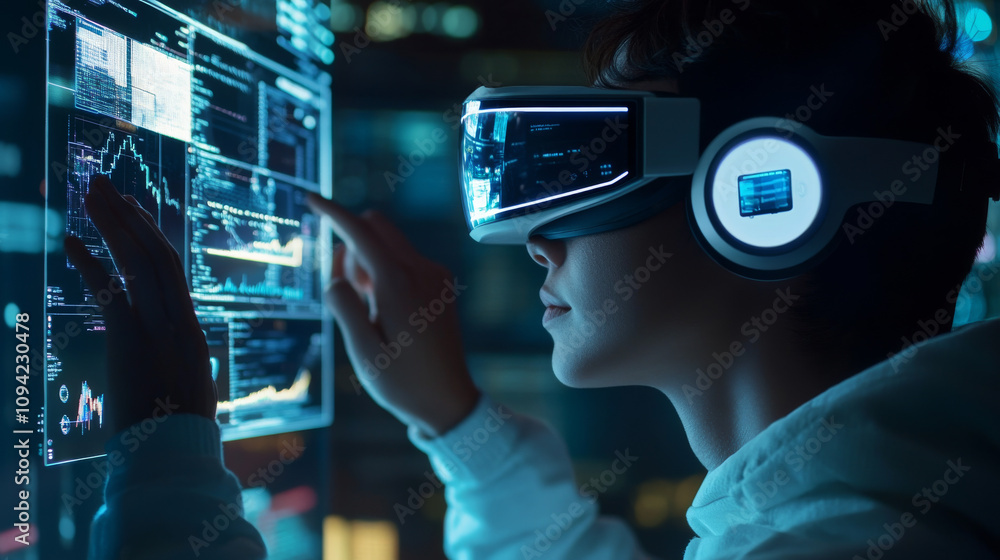 Poster a person is using a futuristic device to transfer data related to nfts, the metaverse, cryptocurrenc