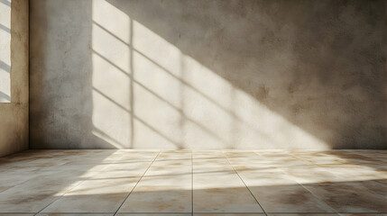 Minimalist room corner with textured beige walls and tiled floors in natural sunlight