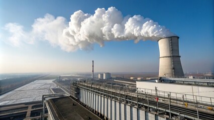 White smoke billows from the top of a pipe in a thermal power plant, industrial, factory, steam