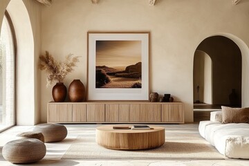 Minimalist Living Room with Arched Walls and Wooden Decor in Beige Tones