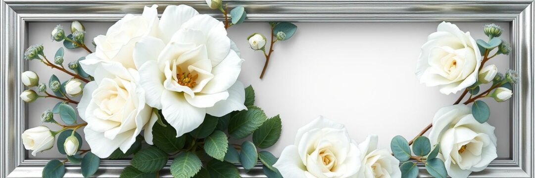 White roses and eucalyptus in a elegant silver frame, classic elegance, silver frame, elegant design