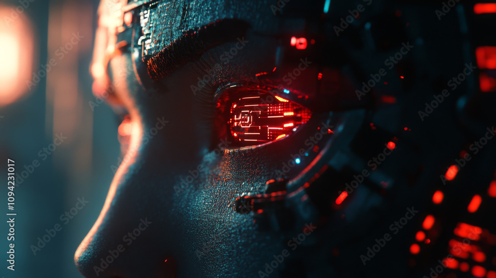 Poster a close-up of a 3d robot face shows the advanced technology of the metaverse. it represents ai and s