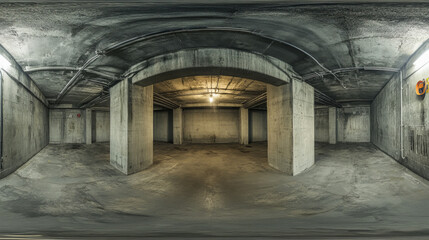 360 degree panorama view.A high-resolution 3D image shows a dark, concrete basement.  It's a complete, panoramic view suitable for virtual reality.