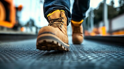 Courier Convenient Loading Standards, Close-up View of Safety Boots on a Worker's Feet Walking on an Industrial Ramp