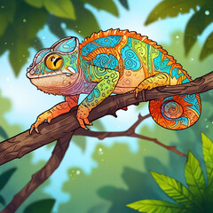 A colorful chameleon with detailed patterns perched on a branch in a lush forest setting. The image showcases the beauty and adaptability of nature with vibrant colors and artistic design.