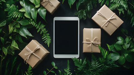 Tablet with Green Monday Sale notification, surrounded by ecofriendly packaging