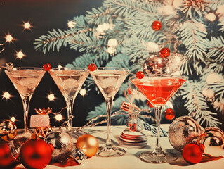 Vintage 1950s Christmas Party Scene with Clinking Glasses Celebration