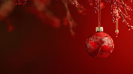 A red ornament hangs from a tree branch