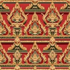 Fototapeta premium Classic Thai Temple Details in Vibrant Reds and Golds with Architectural Symmetry, Seamless Pattern