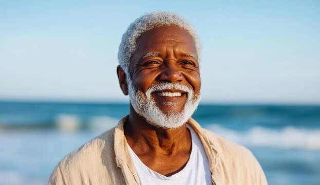 Elderly man smiling joyfully by the ocean enjoying a sunny day on the beach