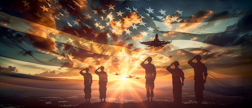Silhouettes of soldiers and the USA flag at sunset, with US Navy jets soaring through the sky in retro print poster style, capturing patriotism and protection for Independence Day celebrations12
