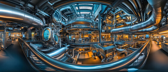 Interior of a modern industrial facility with towering pipes and sophisticated machinery