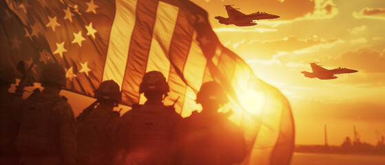 Soldiers standing with the American flag silhouetted by the setting sun, double exposure showing Navy fighter jets soaring in formation above, creating a powerful Veterans Day illustration2