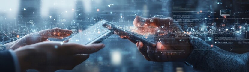 Futuristic Digital Interaction in High-Tech Cityscape with Virtual Interfaces and Connectivity