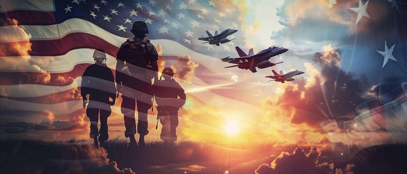 Soldiers with the American flag silhouetted by a dramatic sunset