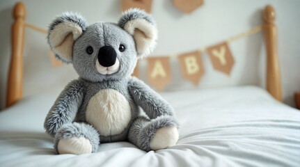 Adorable Koala Plush on Cozy Bed in Festive Nursery. Great for birthday, baby shower, wallpaper, invitation, home decor.

