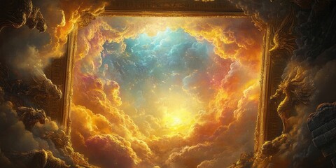 A dramatic sky filled with vibrant clouds and light framed by an ornate border.