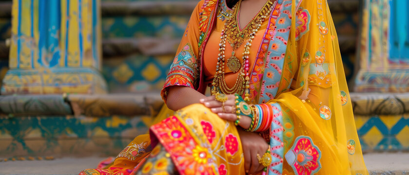  A cheerful depiction of the woman in a bright Patiala suit featuring intricate patterns, complete with juttis and traditional jewelry that reflects her cultural appreciation1