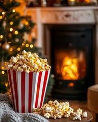 Classic striped popcorn box filled with popcorn