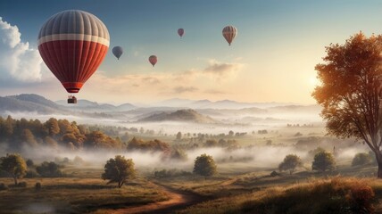Naklejka premium Beautiful Misty landscape with hot air balloon flying in the sky