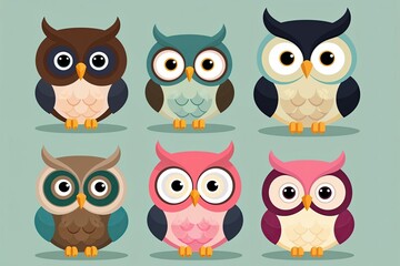 Fototapeta premium Charming Cute Owl Cartoon Series in Modern Flat Design - Whimsical Bird Collection