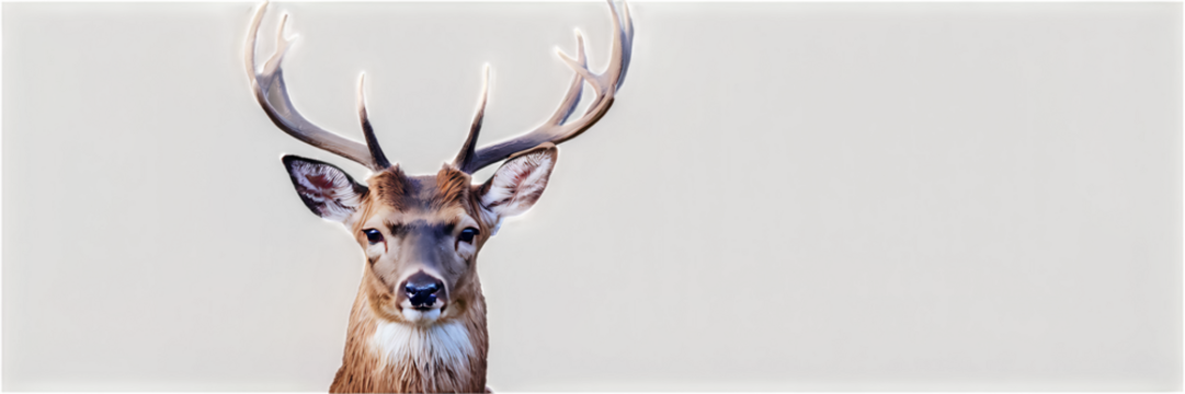 A graceful deer painted in soft watercolor, with subtle shades of brown and tan highlighting its antlers and gentle expression, set on a transparent background.