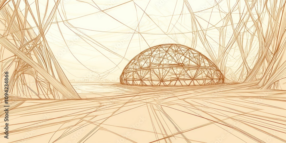 Poster a wireframe representation of a dome structure amidst intricate lines and shapes.