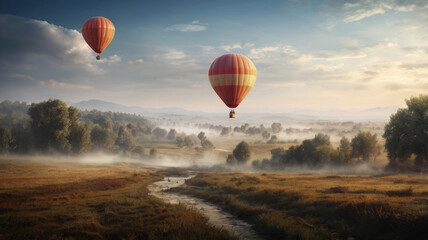 Obraz premium Beautiful Misty landscape with hot air balloon flying in the sky
