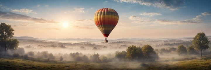 Obraz premium Beautiful Misty landscape with hot air balloon flying in the sky