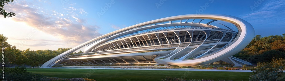 Poster a modern architectural structure with a futuristic design surrounded by greenery.