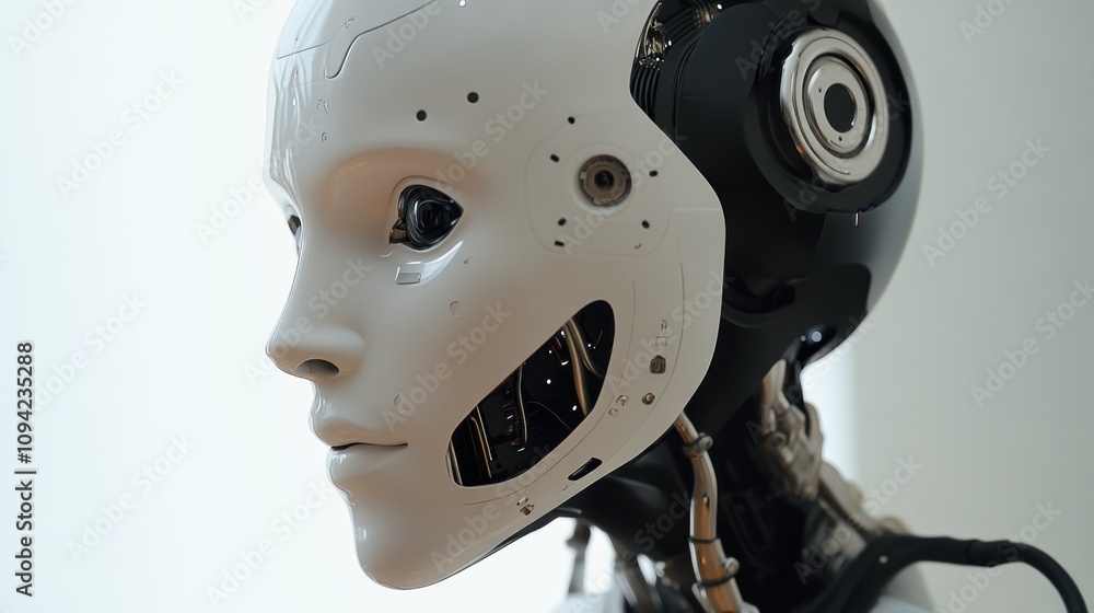 Poster close-up of a realistic humanoid robot head, showcasing intricate details and advanced technology. a