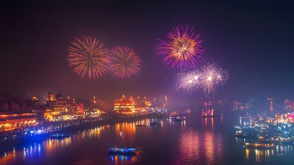 Vibrant fireworks lighting up the night sky, celebrating the Festival of Lights