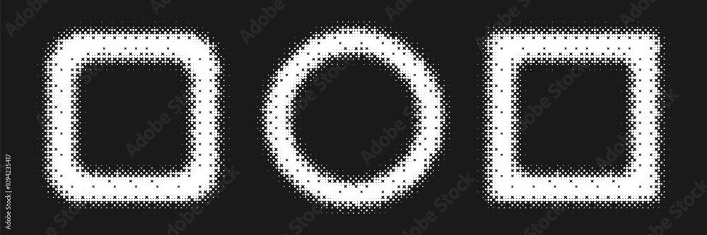 Poster bitmap geometric shapes set. distorted pixel y2k halftone frame. glitch round dots