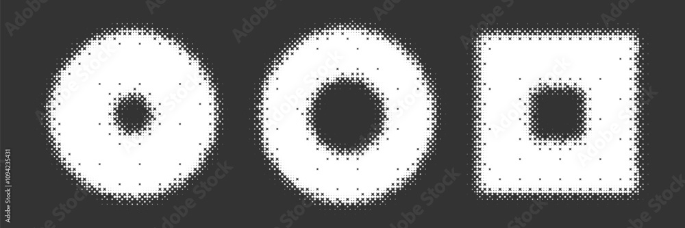 Poster bitmap geometric shapes set. distorted pixel y2k halftone frame. glitch round dots