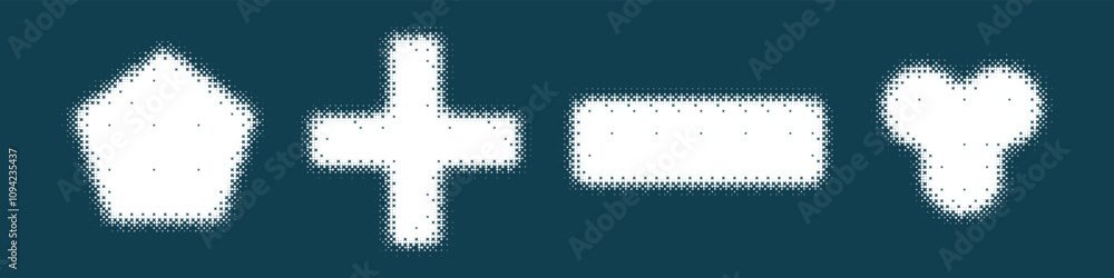 Poster bitmap geometric shapes set. distorted pixel y2k halftone white elements isolated collection