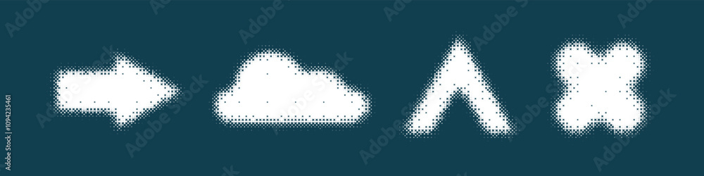 Poster bitmap geometric shapes set. distorted pixel y2k halftone white elements isolated collection