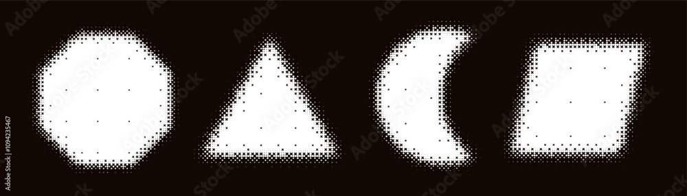Poster bitmap geometric shapes set. distorted pixel y2k halftone white elements isolated collection