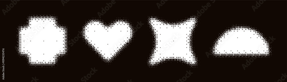 Poster bitmap geometric shapes set. distorted pixel y2k halftone white elements isolated collection
