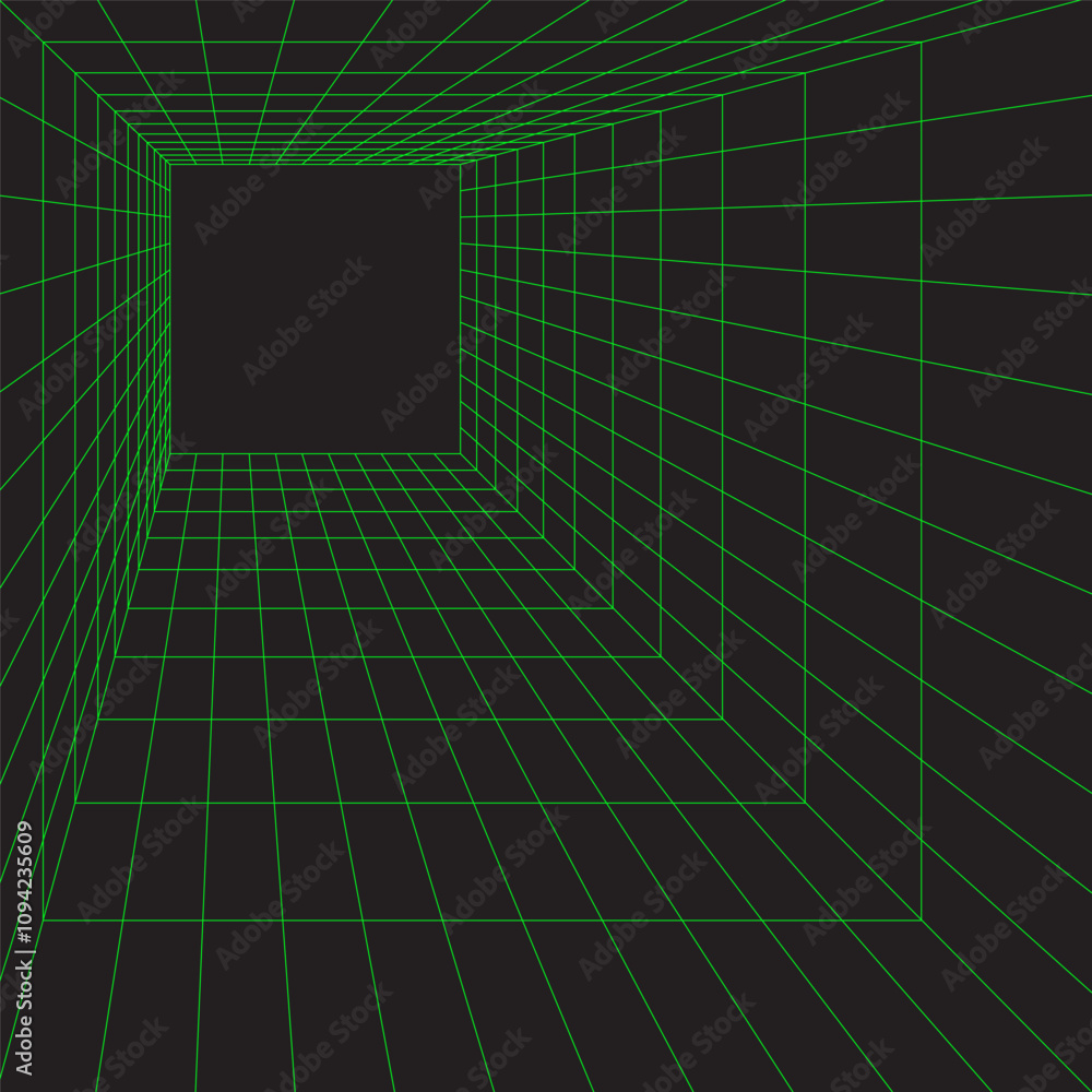 Aufkleber 3d green wireframe. perspective lines room. digital background with vector grid.