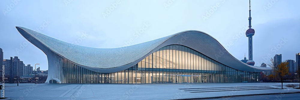 Poster a modern architectural structure with a wave-like design, featuring large glass windows.