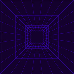 3d violet wireframe grid room. Perspective laser cyberspace dark background