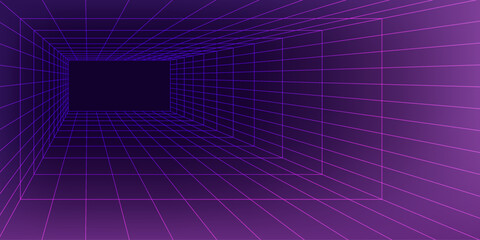 3d violet wireframe grid room. Perspective laser cyberspace dark background