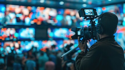 Focused journalist holding a microphone in a dynamic newsroom. Media education, photography, news reporting, media industry, information transmission, journalists, news release
