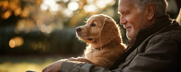 heartwarming scene of elderly man enjoying time with golden retriever puppy, showcasing companionship and joy in serene outdoor setting. warm sunlight enhances emotional connection
