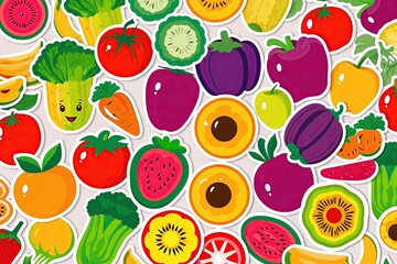 Vibrant Retro Food Stickers Featuring Cheerful Cartoon Fruits and Vegetables