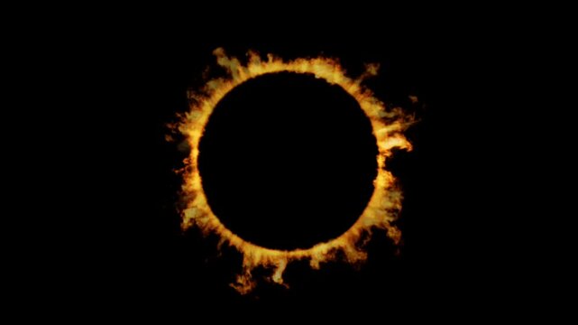 A circular ring of fire, resembling a solar eclipse or abstract inferno, is depicted against a stark black background. The flames are intense and dynamic.