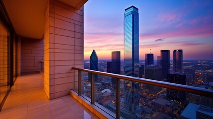 Naklejka premium A stunning cityscape view from a high-rise balcony during sunset.