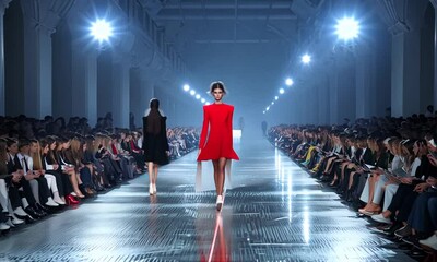 Fashion designers showcase their latest collection on the runway in a vibrant red dress under bright lights